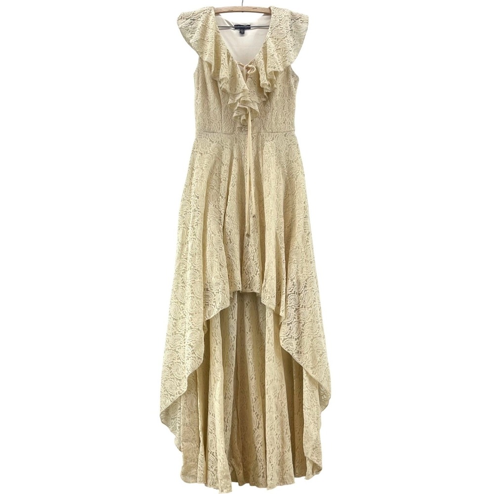 Y2K High Low Dress Womens 5 Cream Lace Up Ruffle Fairy Coquette Victorian